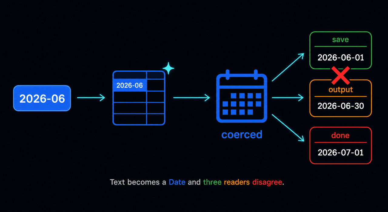텍스트 '2026-06'이 시트에서 Date로 강제 변환되고, save·output·done 세 경로가 서로 다른 값을 읽어 어긋난다